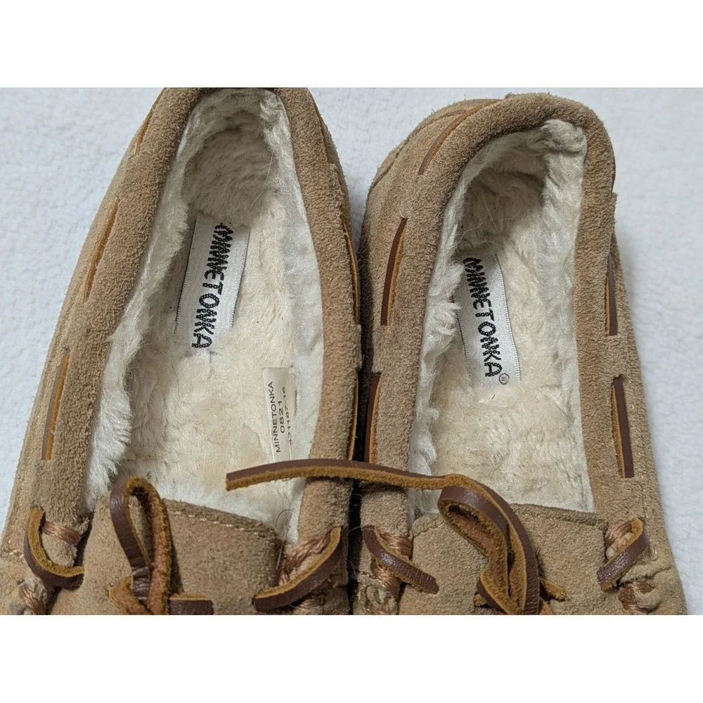 Minnetonka Moccasins Girls Suede Slippers Faux Fur Lined Kids Shoes Sz 12‎ Youth